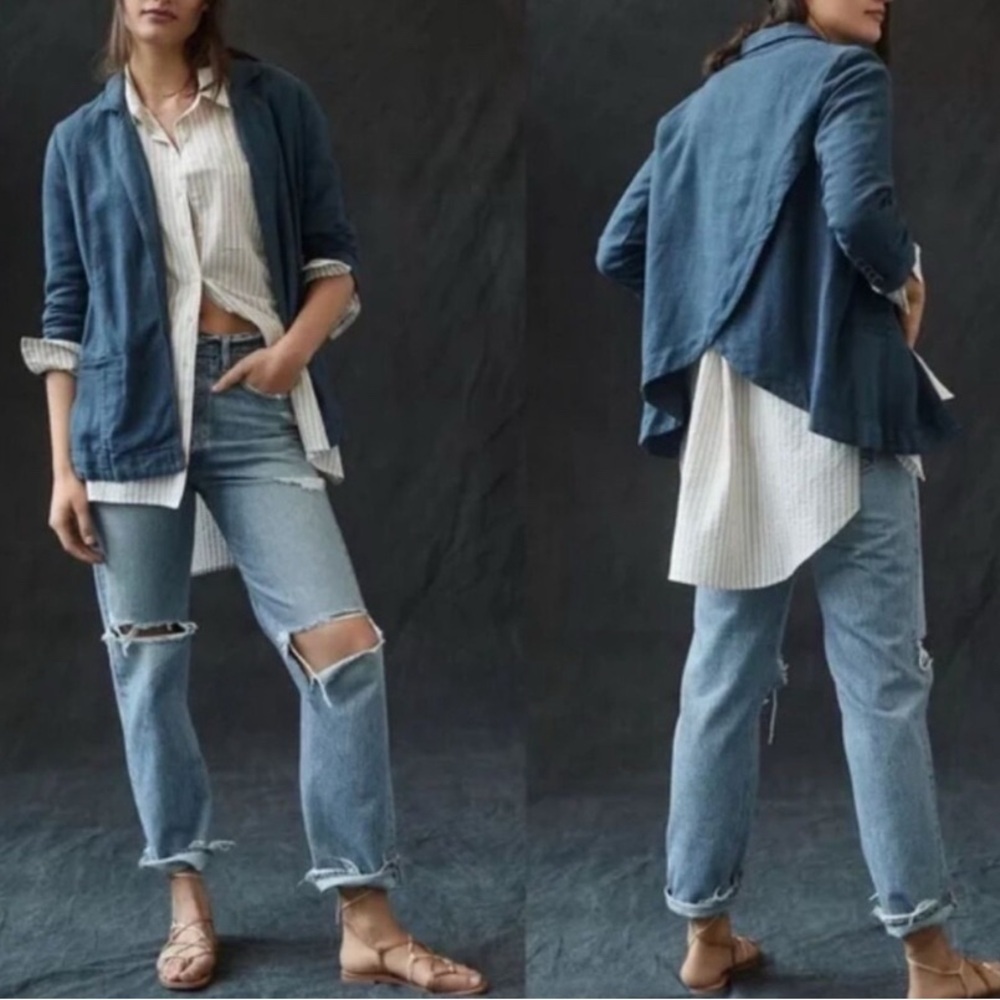 Anthropologie Blue Linen Blend Unstructured Tulip Back Blazer - SZ 2 - Picture 3 of 11